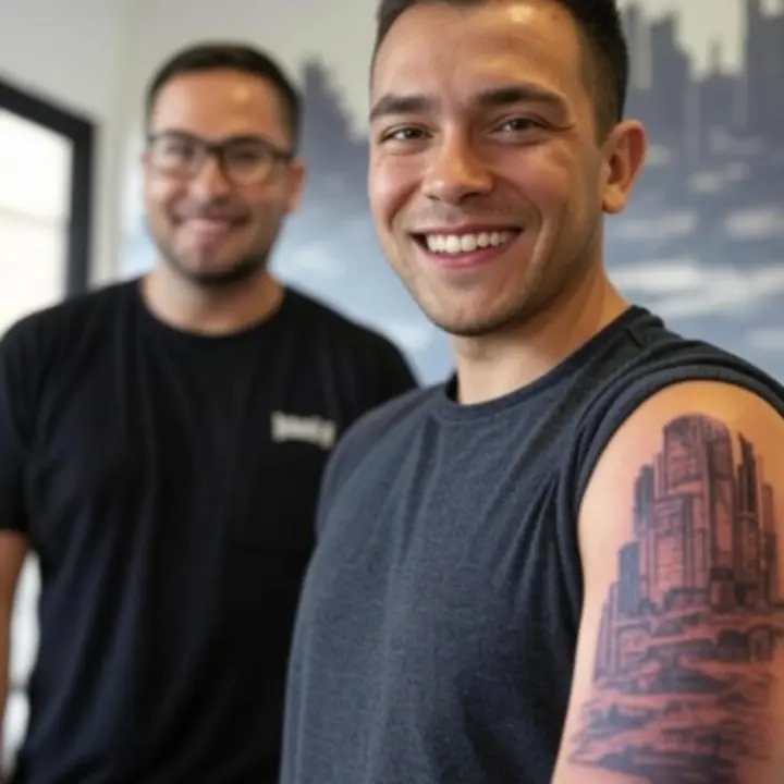 Első tetoválásával elégedett ügyfél tetoválásának részlete