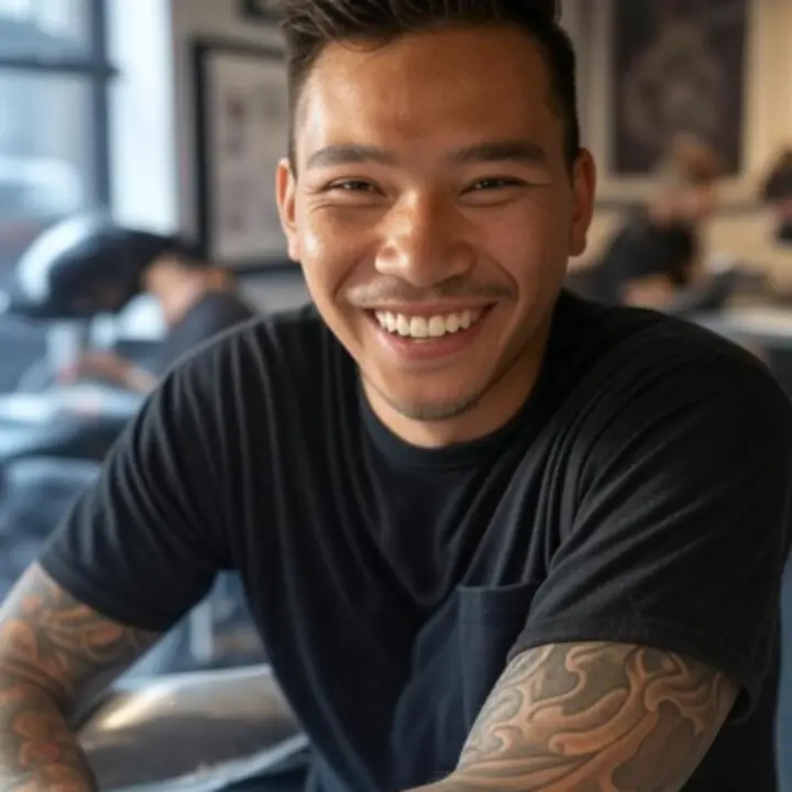 Vendég tetoválását mutató fotó a stúdió urban környezetében