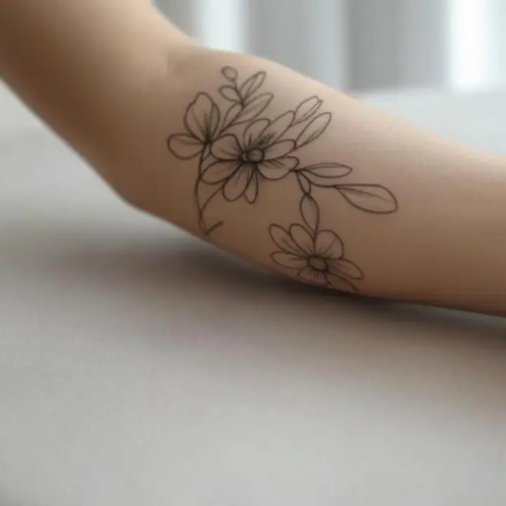 Finom virágos, nőies tetoválás design kézzel rajzolt, vékony vonalakkal