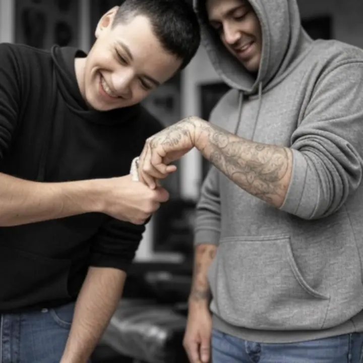 Elégedett vendég, frissen elkészült tetoválással