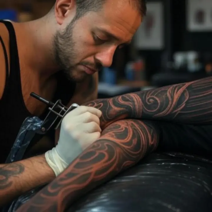 Közeli fotók különböző, részletgazdag tetoválásokról egy montázson