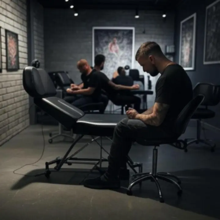 Urban, sötét hangulatú tetoválóstúdió belső tér