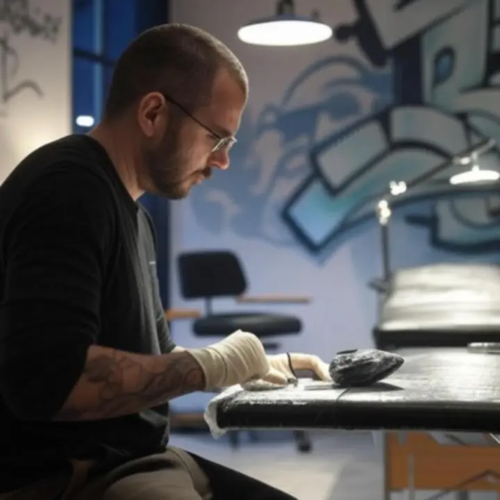 Tetoválóművész munka közben az Urbaninkstudio sötét, urbánus hangulatú munkaterében