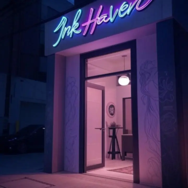 Sötét, urbánus tetoválóstúdió enteriőr neonos fényekkel