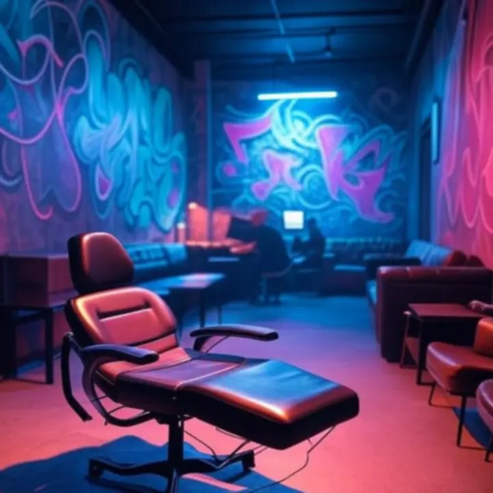 Tetoválóstúdió urbánus, sötét hangulatú belső tér, falakon modern tetoválásmintákkal