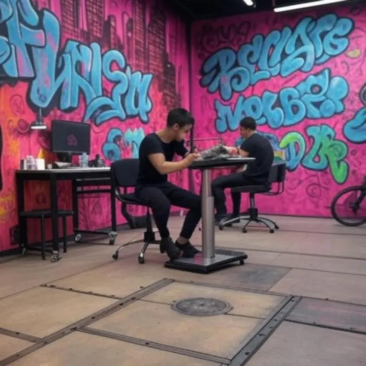 Sötét, urbánus hangulatú tetoválóstúdió enteriőr